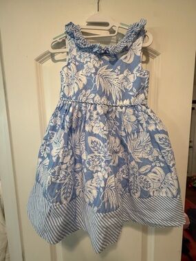 Savannah Blue and White Floral Ruffle Neck Party Dress - 4t — 041026